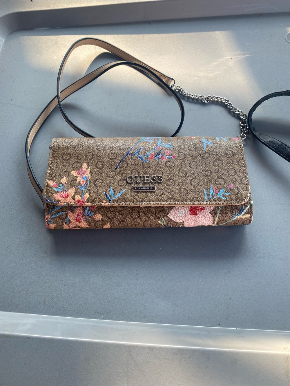 GUESS Brown Floral Crossbody Wallet With Chain Strap